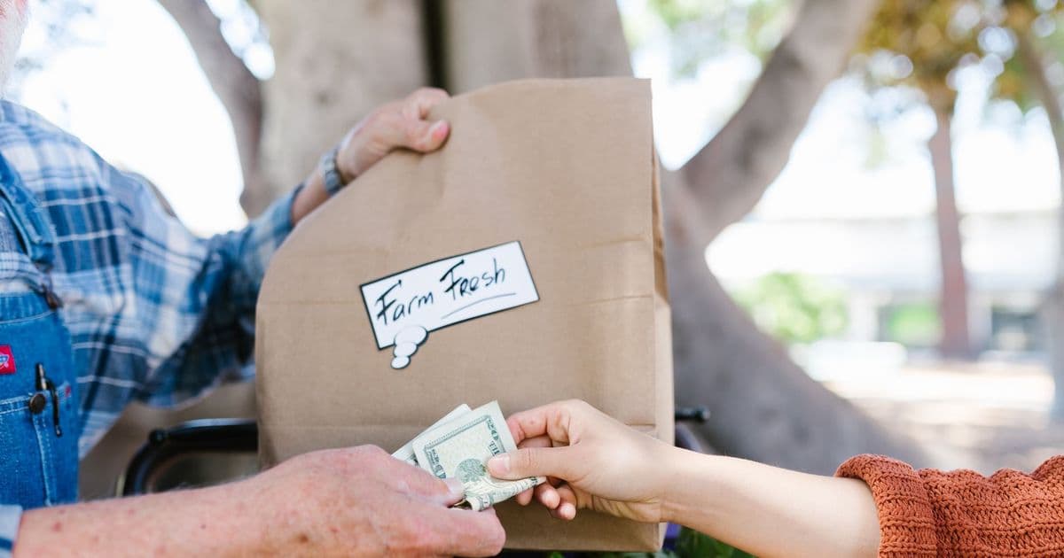 Close-up of a transaction at a farmer's market with fresh produce.